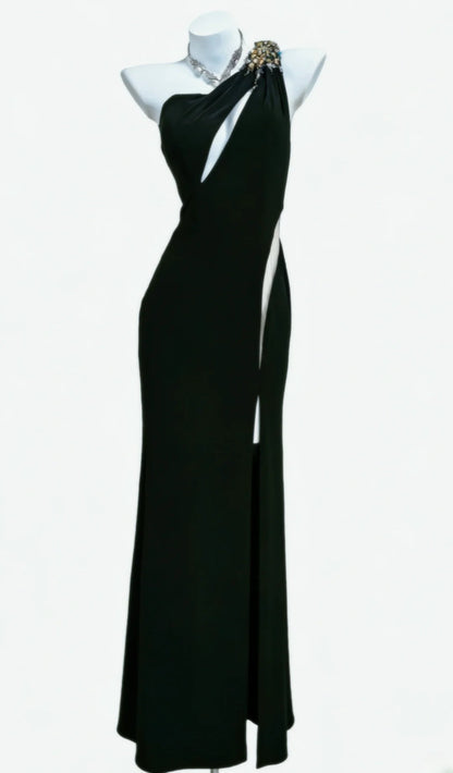 Robe fourreau noire asymétrique sans manches avec fente, longue, idéale pour un bal de promo, une sortie au lycée ou un 21e anniversaire (AS040)