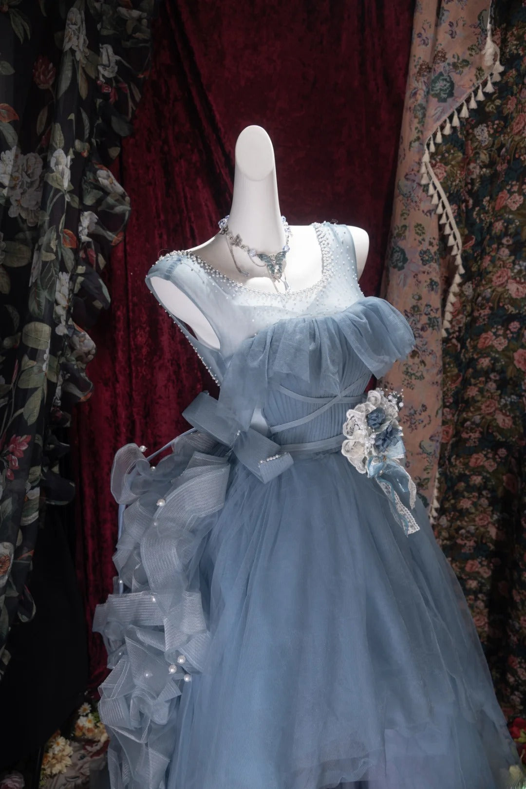 Fairytale High Low Square Dusty Blue Tulle With Flowers Tiered Long Prom Dresses Formal Outfit Evening Night Dress RB8065