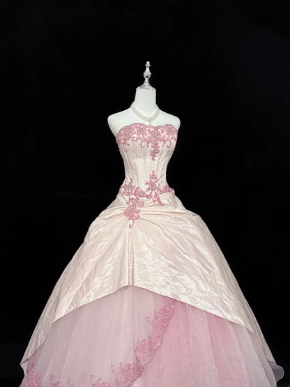 Fairy-tale Ball Gown Sweetheart Pink With Appliqued Lace Tulle Quince Dress Voluminous Sweet 16 Sweet Sixteen Outfits Vestido de RB7411