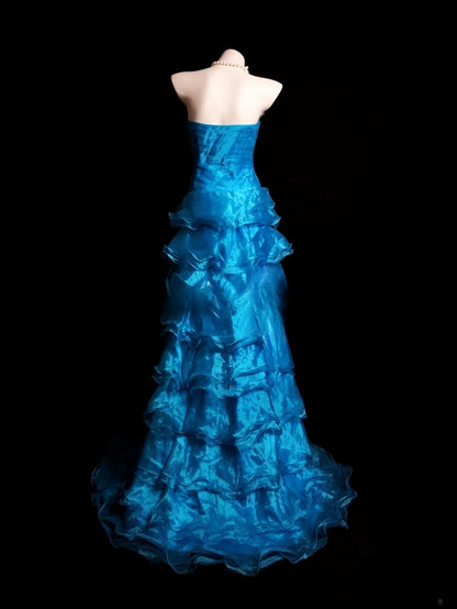 Blue Prom Dress Inspo Mermaid Strapless Tiered Layers Modest Long Formal Party Gown RB9843