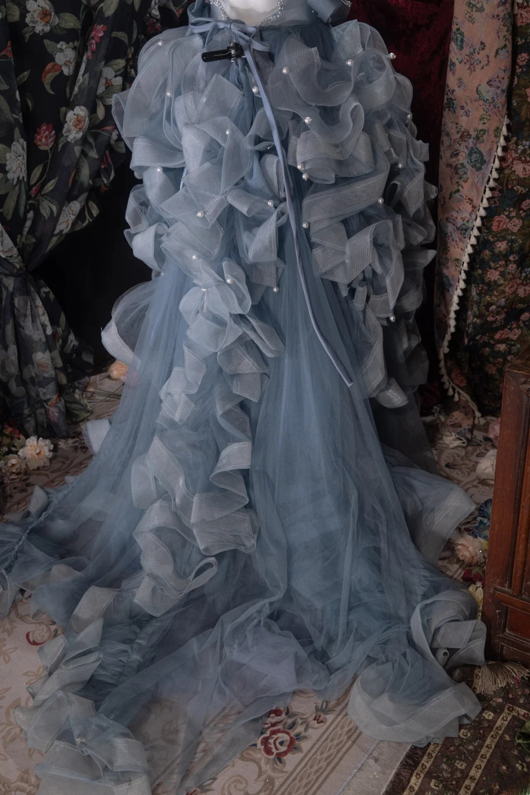 Fairytale High Low Square Dusty Blue Tulle With Flowers Tiered Long Prom Dresses Formal Outfit Evening Night Dress RB8065