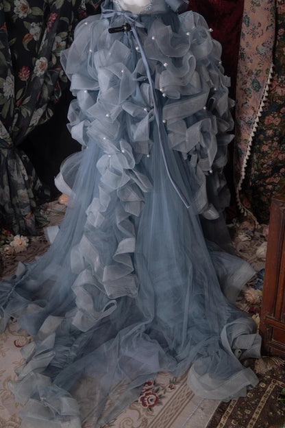 Fairytale High Low Square Dusty Blue Tulle With Flowers Tiered Long Prom Dresses Formal Outfit Evening Night Dress RB8065