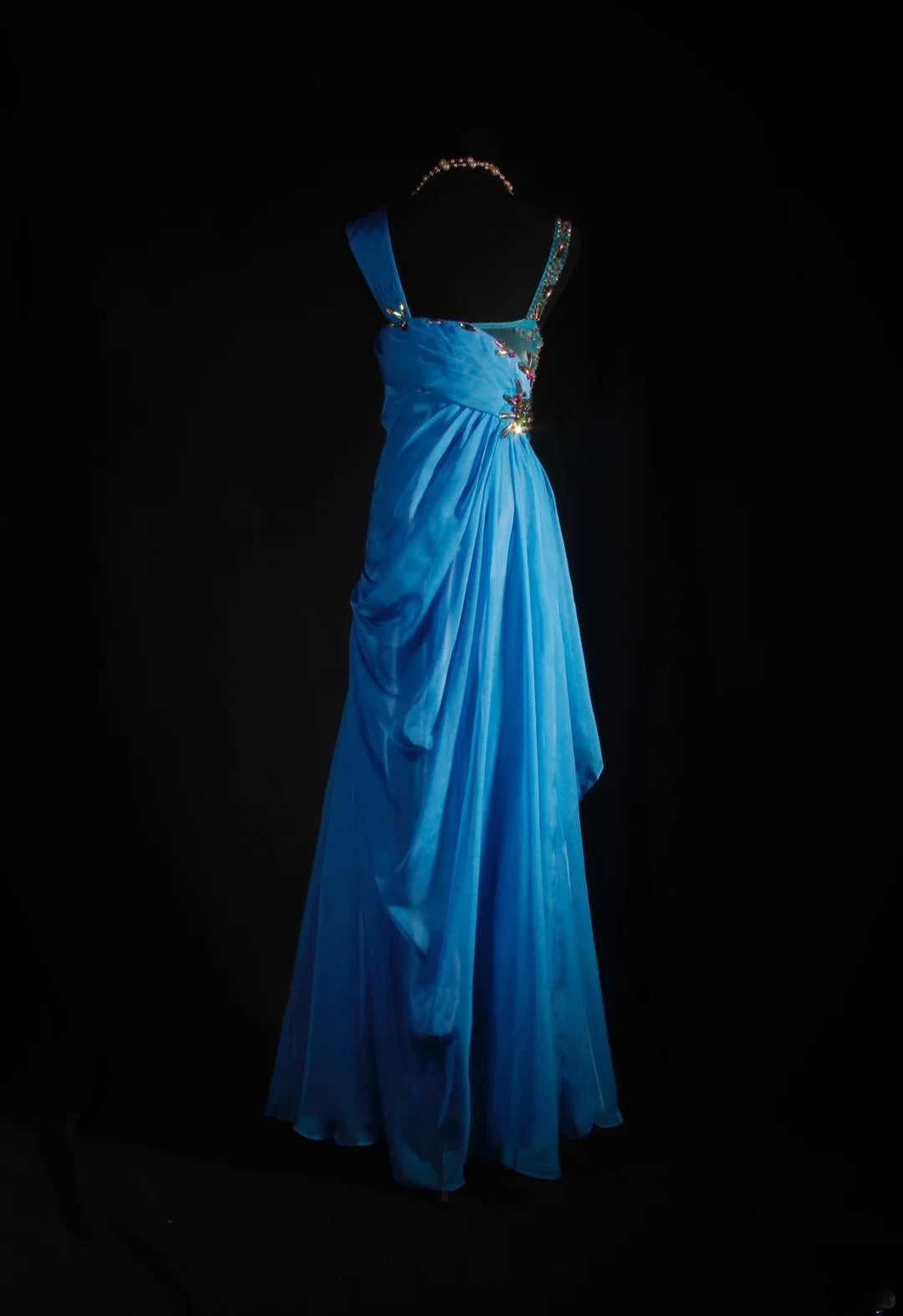 Vintage-Abendkleider im Stil der 90er Jahre, formell, A-Linie, V-Ausschnitt, blauer Chiffon mit Perlenstickerei, lange Partykleider, Ballkleider AS040