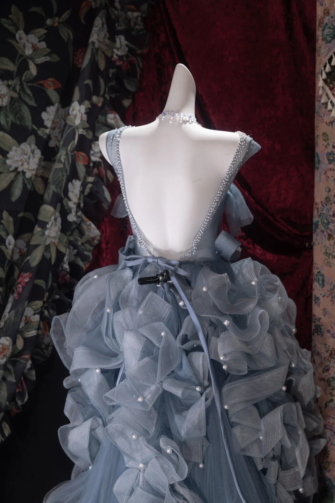 Fairytale High Low Square Dusty Blue Tulle With Flowers Tiered Long Prom Dresses Formal Outfit Evening Night Dress RB8065