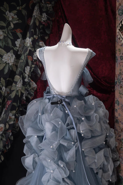 Fairytale High Low Square Dusty Blue Tulle With Flowers Tiered Long Prom Dresses Formal Outfit Evening Night Dress RB8065