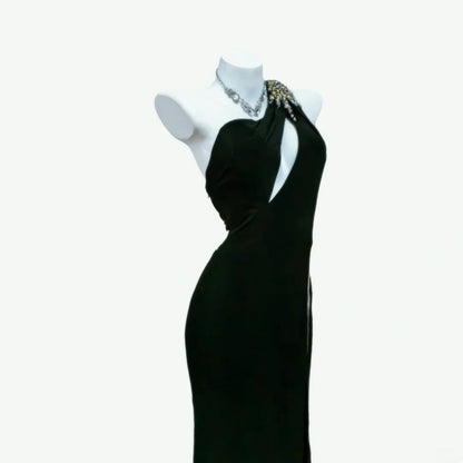 Robe fourreau noire asymétrique sans manches avec fente, longue, idéale pour un bal de promo, une sortie au lycée ou un 21e anniversaire (AS040)