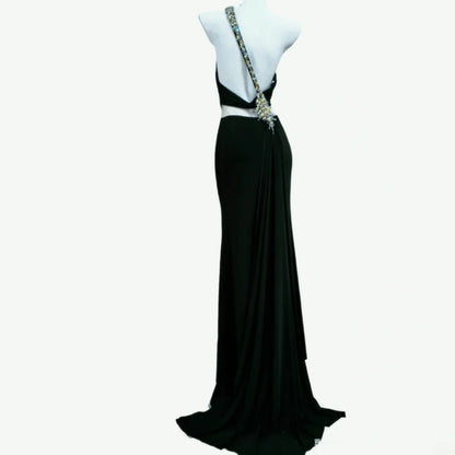 Robe fourreau noire asymétrique sans manches avec fente, longue, idéale pour un bal de promo, une sortie au lycée ou un 21e anniversaire (AS040)