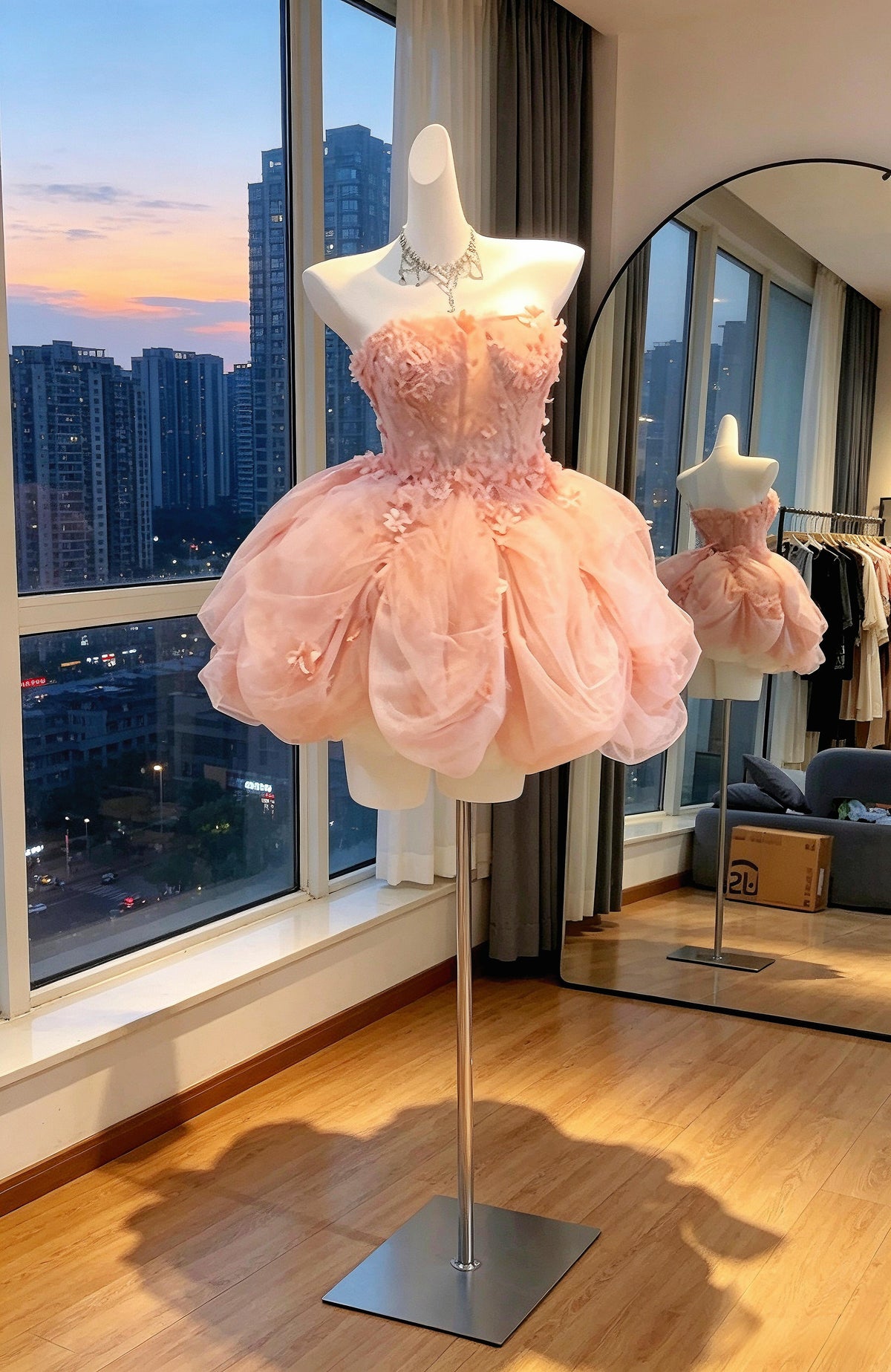 Modest Hoco Dress Ball Gown Strapless Blush Pink Tulle With Flowers Homecoming Birthday Party Dress RC01002