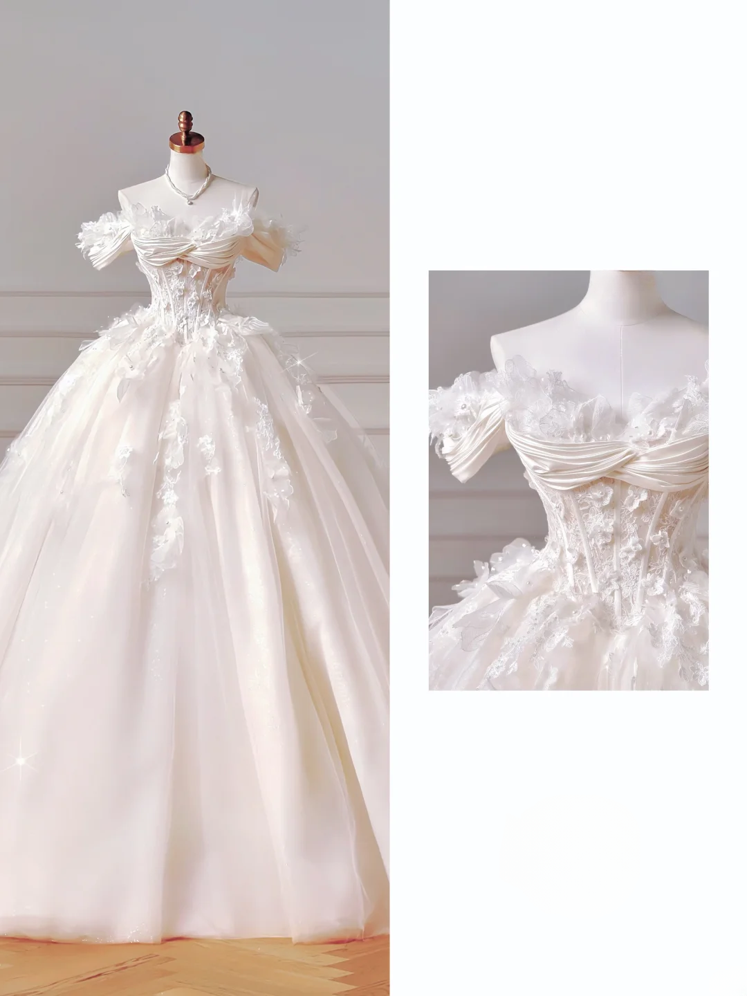 Prinzessinnen-Brautkleid, langes Ballkleid, schulterfrei, aus Tüll mit kurzen Ärmeln, Applikationen und Spitzenoberteil, Brautkleid AQ041