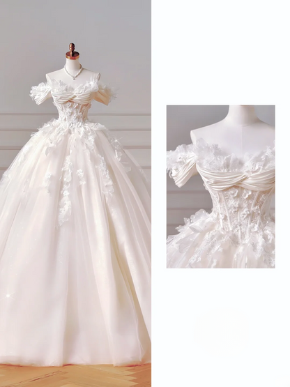 Prinzessinnen-Brautkleid, langes Ballkleid, schulterfrei, aus Tüll mit kurzen Ärmeln, Applikationen und Spitzenoberteil, Brautkleid AQ041