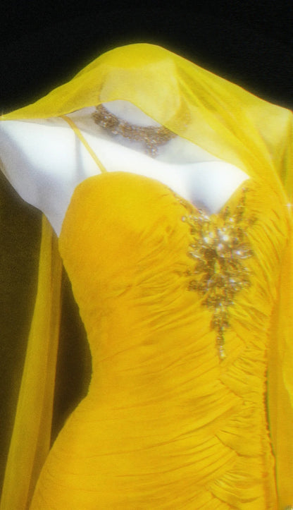Vintage 1950s Mermaid Spaghetti Strap Yellow Chiffon With Scarf For Women Long Prom Dress Birthday Gowns AS041