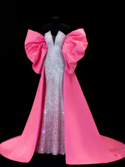 Preiswertes, paillettenbesetztes, trägerloses Meerjungfrauenkleid im Stil der 1950er Jahre mit rosa Ombré-Pailletten und Perlen – ein beeindruckendes langes Ballkleid oder Abendkleid SA041
