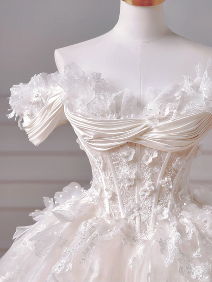 Prinzessinnen-Brautkleid, langes Ballkleid, schulterfrei, aus Tüll mit kurzen Ärmeln, Applikationen und Spitzenoberteil, Brautkleid AQ041