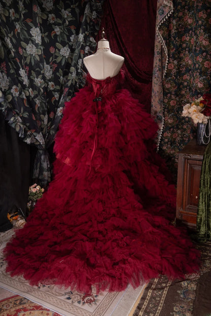 Charming Ball Gown Strapless Burgundy Tulle With Tiered Layers Long Quince Dress Quinceanera Dresses Formal Birthday Outfits RB8065