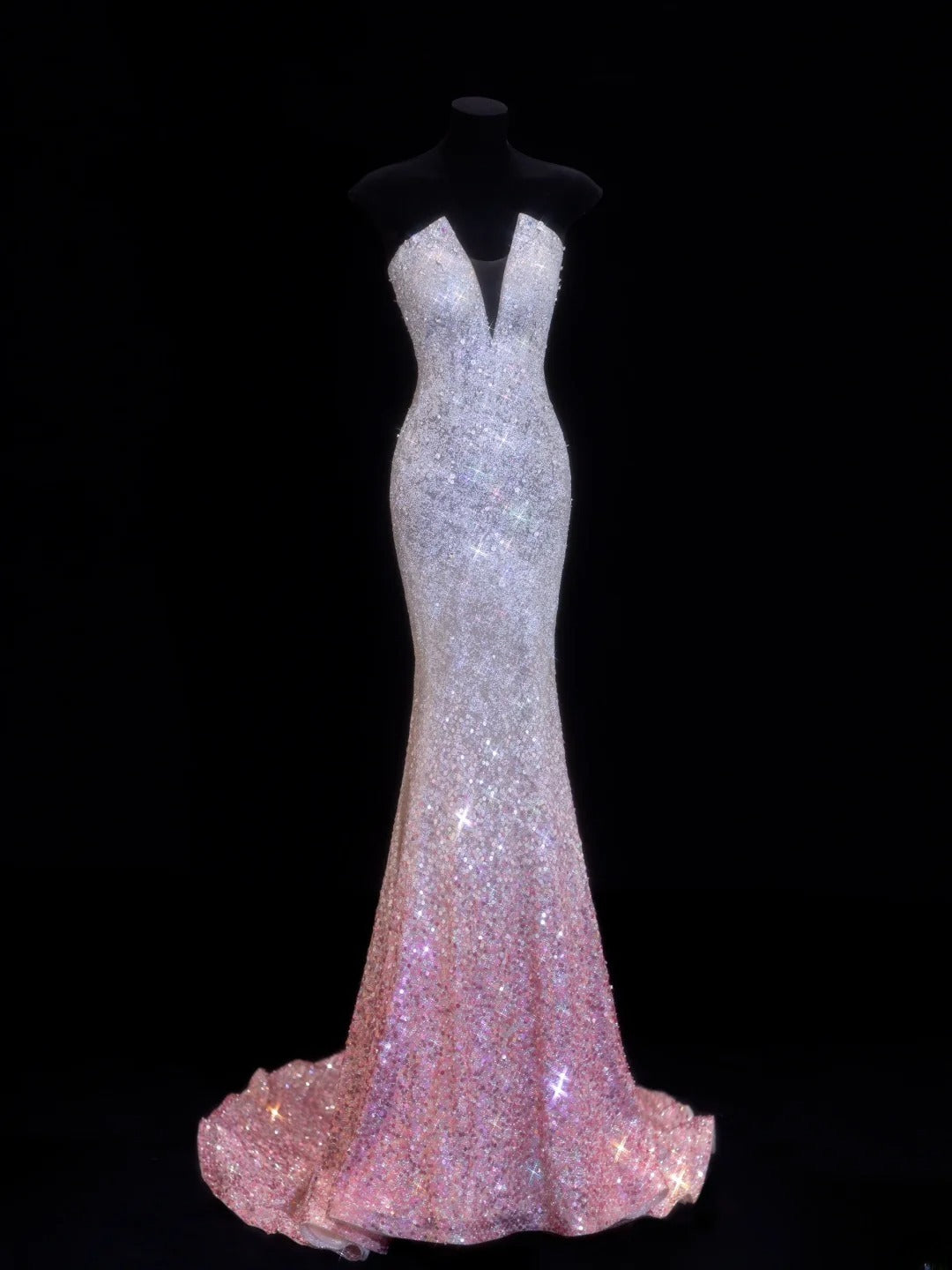 Preiswertes, paillettenbesetztes, trägerloses Meerjungfrauenkleid im Stil der 1950er Jahre mit rosa Ombré-Pailletten und Perlen – ein beeindruckendes langes Ballkleid oder Abendkleid SA041