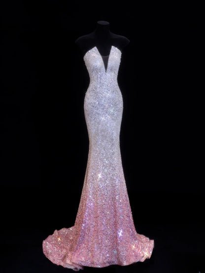 Preiswertes, paillettenbesetztes, trägerloses Meerjungfrauenkleid im Stil der 1950er Jahre mit rosa Ombré-Pailletten und Perlen – ein beeindruckendes langes Ballkleid oder Abendkleid SA041