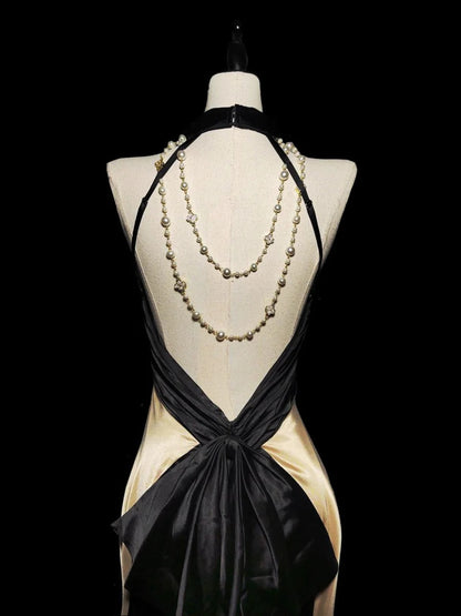 Robe de bal longue vintage années 1950, style sirène, dos nu, en satin champagne, idéale pour les élèves de terminale (AS041)