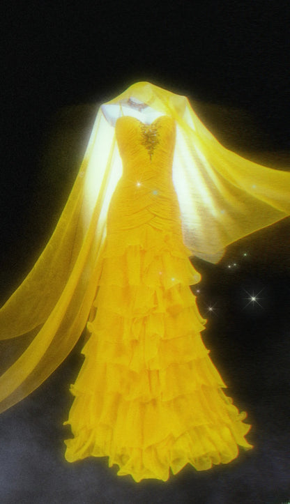 Vintage 1950s Mermaid Spaghetti Strap Yellow Chiffon With Scarf For Women Long Prom Dress Birthday Gowns AS041