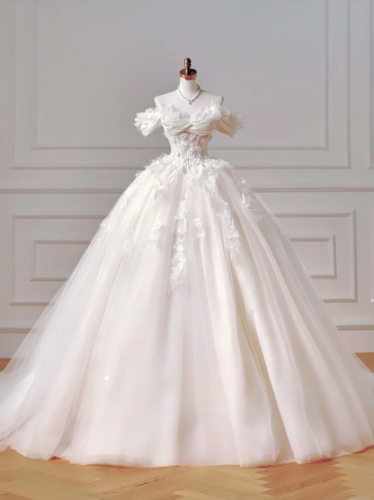 Prinzessinnen-Brautkleid, langes Ballkleid, schulterfrei, aus Tüll mit kurzen Ärmeln, Applikationen und Spitzenoberteil, Brautkleid AQ041