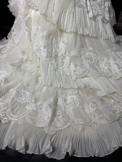 Boho-Meerjungfrauenkleid mit schulterfreiem Ausschnitt, kurzen Ärmeln, weißer, gestufter Spitze, langem Vintage-Schnitt, tailliert, im Stil der 1920er Jahre, AS041