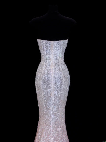Preiswertes, paillettenbesetztes, trägerloses Meerjungfrauenkleid im Stil der 1950er Jahre mit rosa Ombré-Pailletten und Perlen – ein beeindruckendes langes Ballkleid oder Abendkleid SA041
