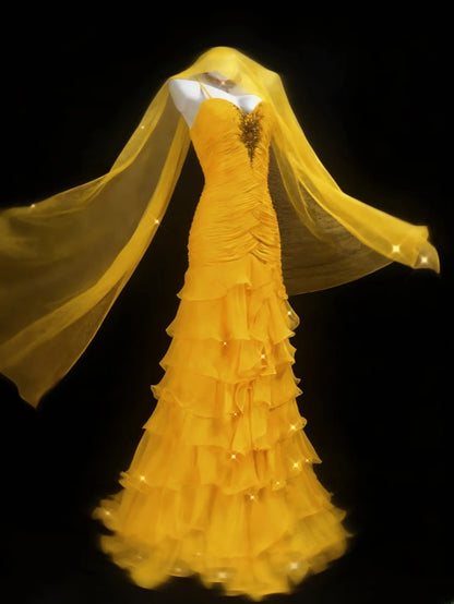 Vintage 1950s Mermaid Spaghetti Strap Yellow Chiffon With Scarf For Women Long Prom Dress Birthday Gowns AS041