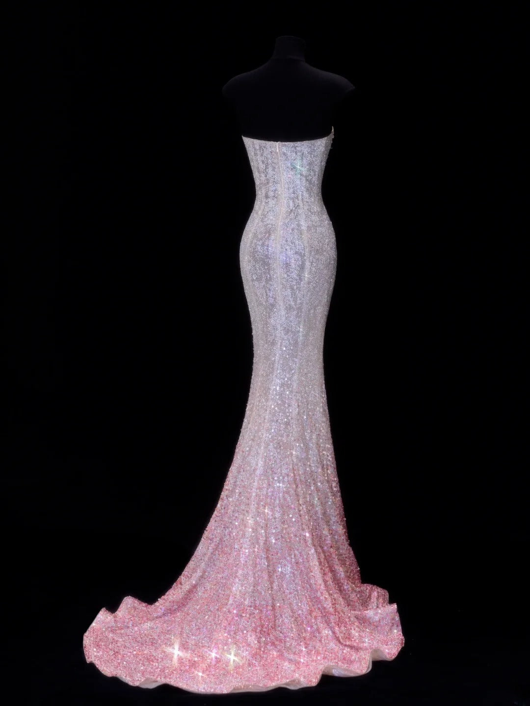 Preiswertes, paillettenbesetztes, trägerloses Meerjungfrauenkleid im Stil der 1950er Jahre mit rosa Ombré-Pailletten und Perlen – ein beeindruckendes langes Ballkleid oder Abendkleid SA041