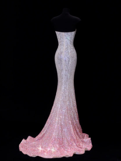 Preiswertes, paillettenbesetztes, trägerloses Meerjungfrauenkleid im Stil der 1950er Jahre mit rosa Ombré-Pailletten und Perlen – ein beeindruckendes langes Ballkleid oder Abendkleid SA041
