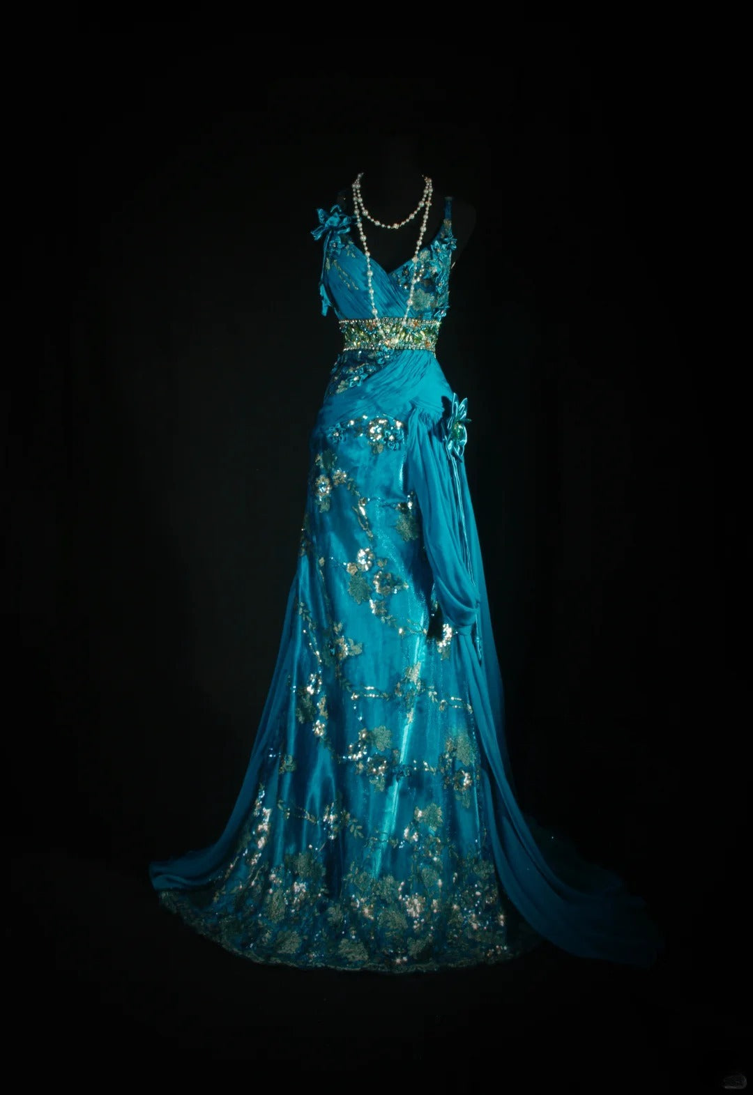 Vintage-Abendkleider im 90er-Jahre-Stil, Meerjungfrauen-Schnitt, Spaghettiträger, blauer Chiffon mit Perlenstickerei, lange Partykleider, Ballkleider AS041