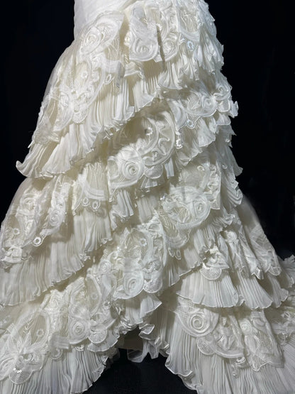 Boho-Meerjungfrauenkleid mit schulterfreiem Ausschnitt, kurzen Ärmeln, weißer, gestufter Spitze, langem Vintage-Schnitt, tailliert, im Stil der 1920er Jahre, AS041