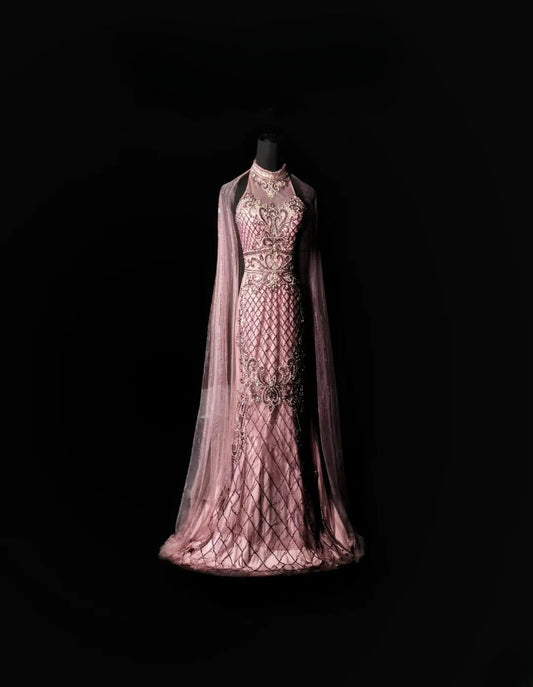 Modest Mermaid High Neck With Cape Pink Long Prom Dress Beading Crystals Formal Dress Long Party Dresses RB6934