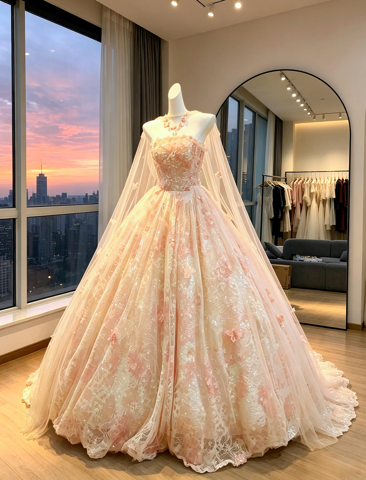 Fairy Quinceanera Dress Ball Gown Strapless Blush Pink With Flowers Cape 16th Birthday Party Outfit RC1003