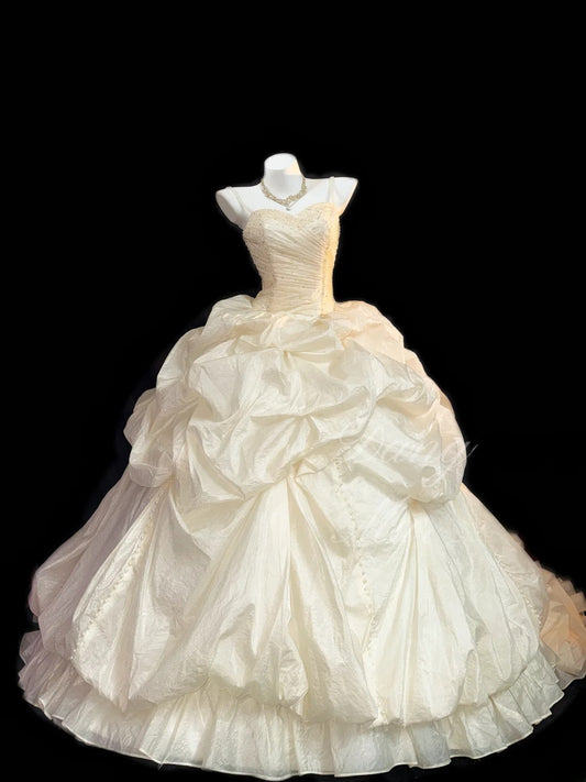 Classy Ball Gown Spaghetti Strap White With Ruffled Brides Gown Bridal Dress Long Poofy Wedding Dresses RB5774