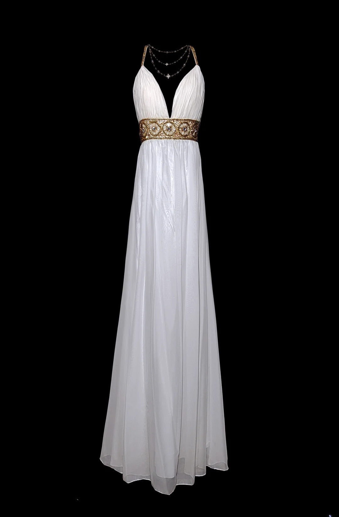Robe de bal longue sans manches en mousseline blanche et bleue, coupe trapèze, style rétro années 60, ornée de perles dorées. Tenue idéale pour les fêtes de fin d'année scolaire (AS042).