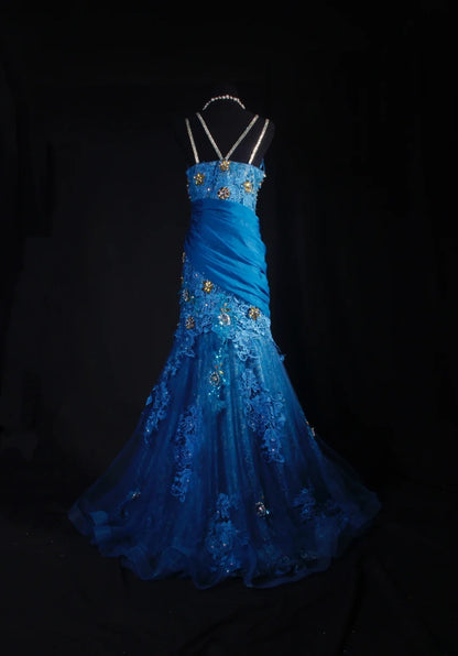 Vintage-Abendkleider im Stil der 90er Jahre, formell, Meerjungfrau, V-Ausschnitt, königsblauer Chiffon mit Perlenstickerei und Spitze, lange Partykleider, Ballkleider AS042