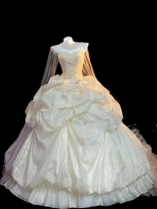 Classy Ball Gown Spaghetti Strap White With Ruffled Brides Gown Bridal Dress Long Poofy Wedding Dresses RB5774