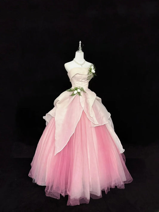Sweet Ball Gown Strapless White Pink With Flowers Tulle Quince Dress Voluminous Sweet 16 Sweet Sixteen Outfits Vestido de RB7413
