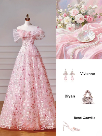 Elegantes, schulterfreies, pinkes Paillettenkleid für Teenager und Mädchen (AQ042)