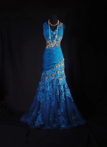 Vintage-Abendkleider im Stil der 90er Jahre, formell, Meerjungfrau, V-Ausschnitt, königsblauer Chiffon mit Perlenstickerei und Spitze, lange Partykleider, Ballkleider AS042