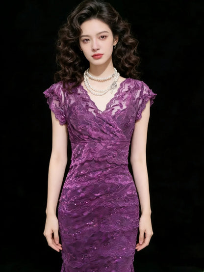 Robe fourreau sexy sans manches à col en V et dentelle raisin pour femme, idéale pour le bal de fin d'année, les soirées lycéennes ou les 21 ans (AS042)