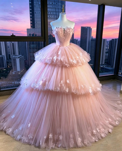 Fairy Quinceanera Dress Ball Gown Strapless Pink With Flowers Tiered Layers Quince Party Dresses RC1073