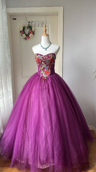 Prinzessin Sweet 16 Kleid Lang Herz ausschnitt Lila Tüll mit Spitze Ballkleid Sweet Sixteen Geburtstagskleid RC0412