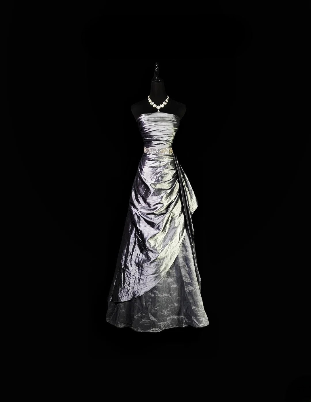 Vintage Ball Gown Strapless Silver Gray Taffeta Long Prom Dress With Ruffled Formal Dress Long Party Dresses RB6935