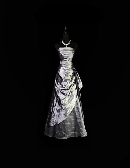 Vintage Ball Gown Strapless Silver Gray Taffeta Long Prom Dress With Ruffled Formal Dress Long Party Dresses RB6935