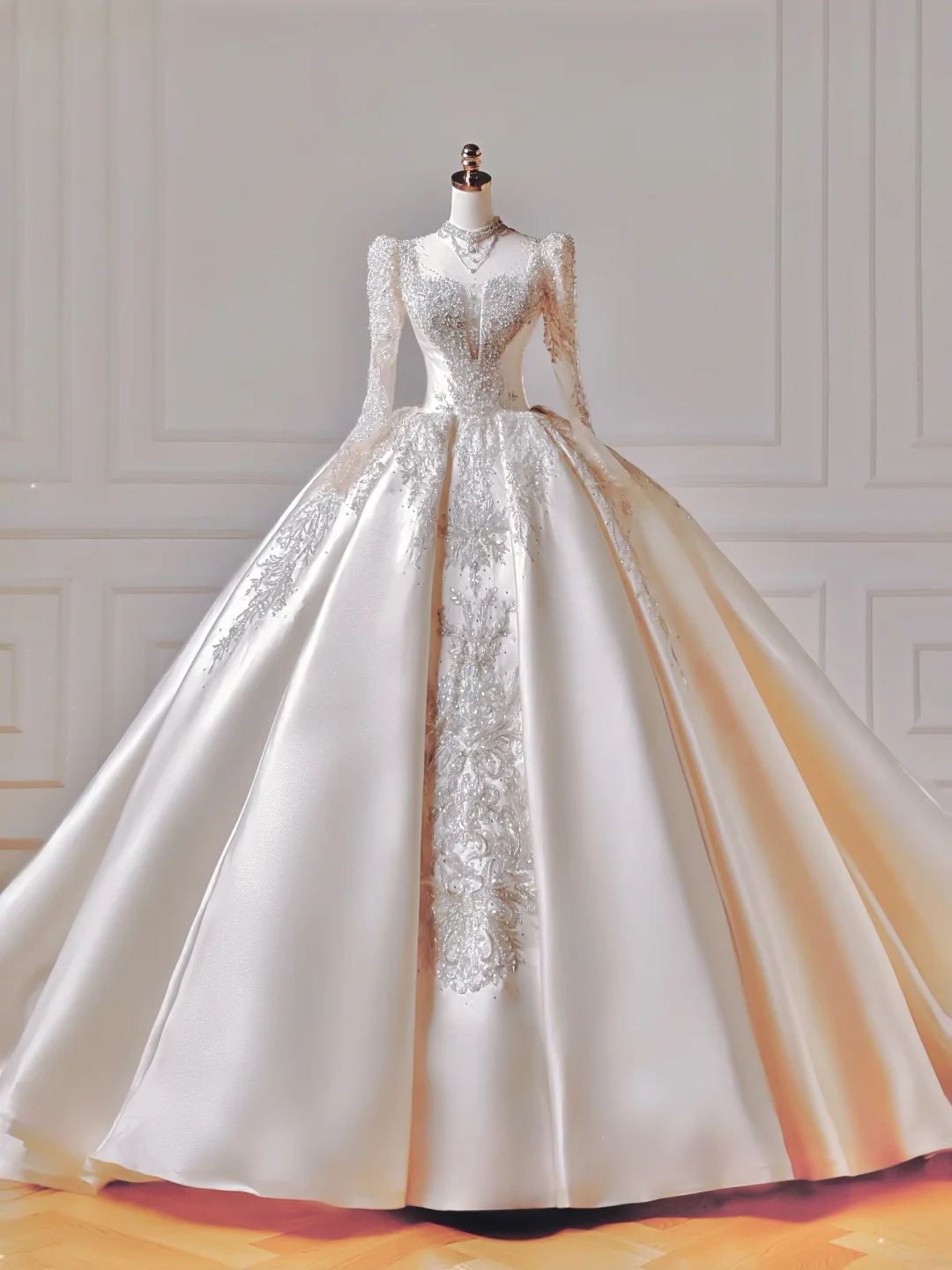 Prinzessinnen-Brautkleid, langes Ballkleid, eckiger Ausschnitt, lange Ärmel, Applikationen, perlenbesetztes Oberteil, Brautkleid AQ043