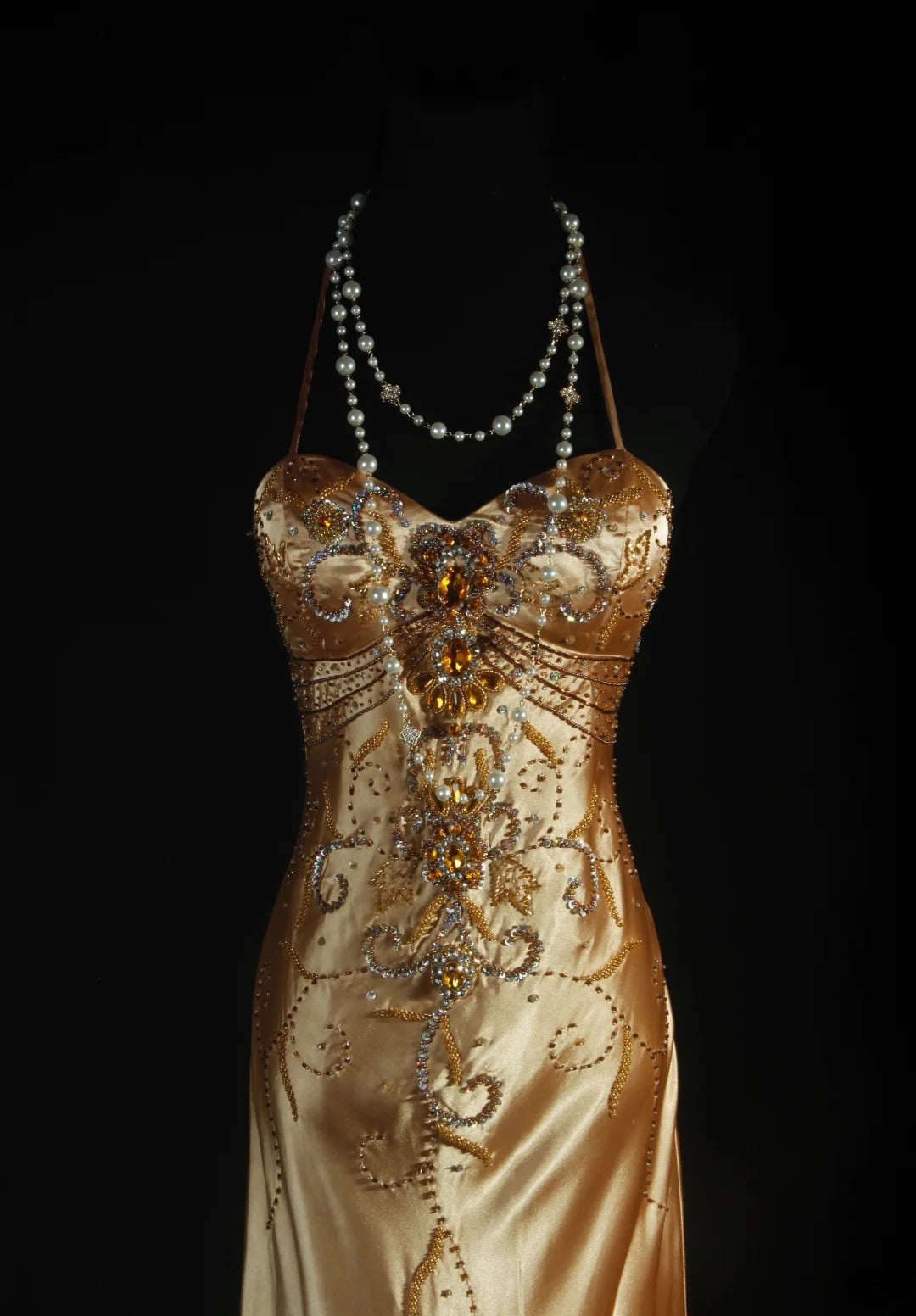 Vintage-Abendkleider im Stil der 90er Jahre, formell, Meerjungfrau, Neckholder, goldener Seidensatin mit Perlenstickerei, lange Partykleider, Ballkleider AS043