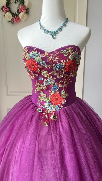 Prinzessin Sweet 16 Kleid Lang Herz ausschnitt Lila Tüll mit Spitze Ballkleid Sweet Sixteen Geburtstagskleid RC0412
