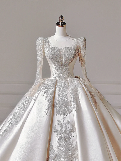 Prinzessinnen-Brautkleid, langes Ballkleid, eckiger Ausschnitt, lange Ärmel, Applikationen, perlenbesetztes Oberteil, Brautkleid AQ043