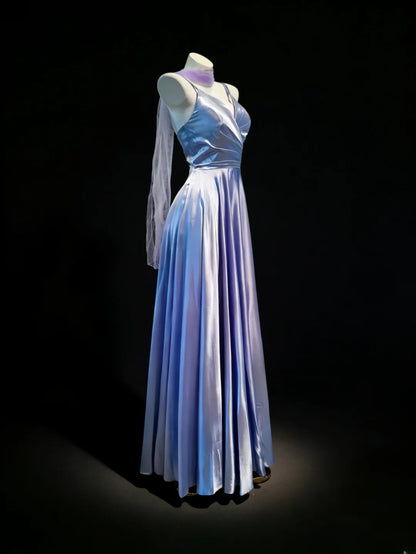 Robe de bal longue lilas à fines bretelles et foulard, coupe trapèze, style simple, avec foulard intégré (AS043)