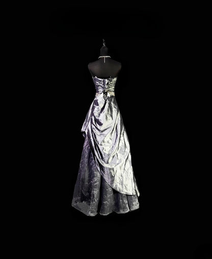 Vintage Ball Gown Strapless Silver Gray Taffeta Long Prom Dress With Ruffled Formal Dress Long Party Dresses RB6935